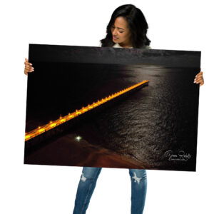 Moonlit pier wall art by Juan Rodulfo, premium 100x70cm matte paper, A serene coastal nightscape for elegant home or office decor, Moonlit Pier Reflections